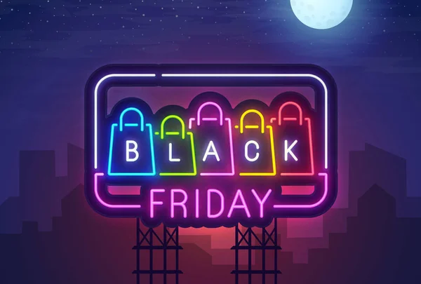 Stad van de nacht. Neon teken. Black Friday. Korting. Grote verkoop. Cyber maandag banner. Heldere uithangbord, lichte banner. Vectorillustratie. — Stockvector