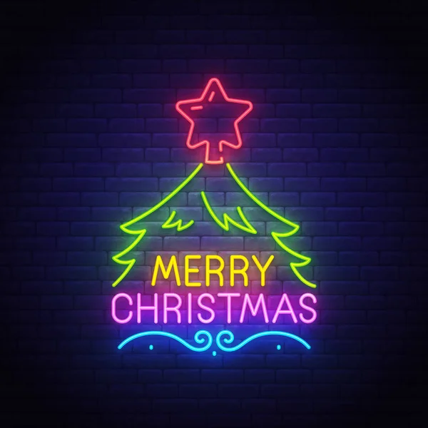 Merry Christmas neon tekst, heldere uithangbord, lichte banner. Kerstboom neon logo, embleem. Merry Christmas teken. Vectorillustratie — Stockvector