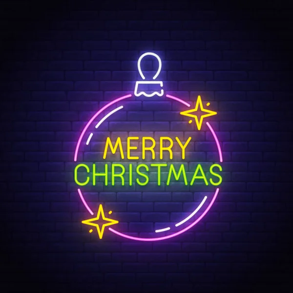 Vrolijk kerstbord, lichtreclamebord, lichtbanner. Kerstboom speelgoed neon logo, embleem. Vectorillustratie — Stockvector