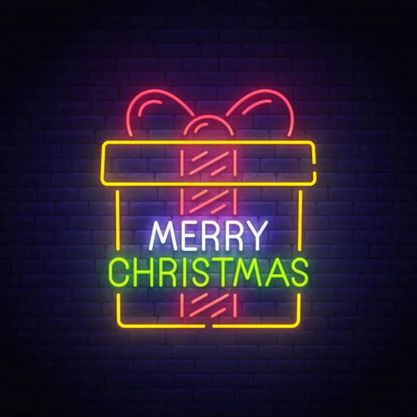 Merry Christmas neon teken, heldere uithangbord, licht banner. Cadeau neon logo, embleem. Kerstcadeau. Vectorillustratie — Stockvector