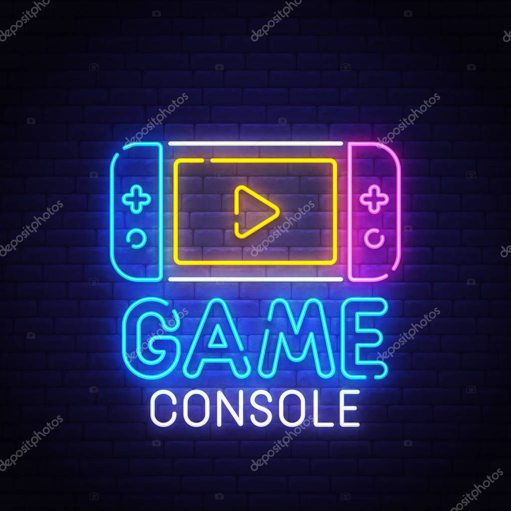 Game console neon sign, bright signboard, light banner. Gamer logo, emblem. Vector illustration