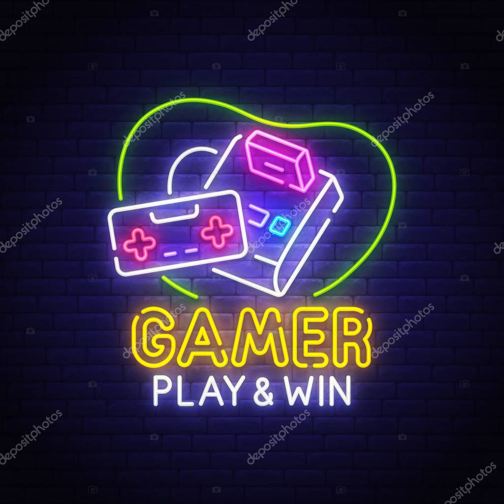 Retro Games neon sign, bright signboard, light banner. Game logo, emblem. Vector illustration.