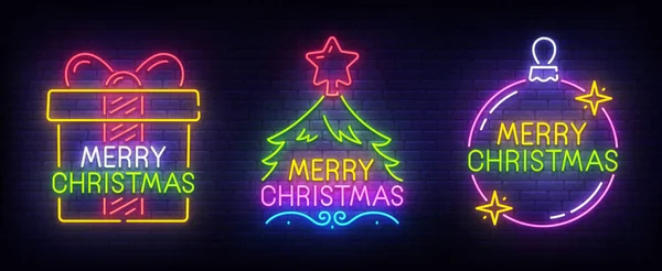 Gelukkig nieuw jaar en Merry Christmas. Neon-logo, label, embleem instellen Neon geïsoleerd teken, heldere uithangbord, lichte banner. Vectorillustratie — Stockvector