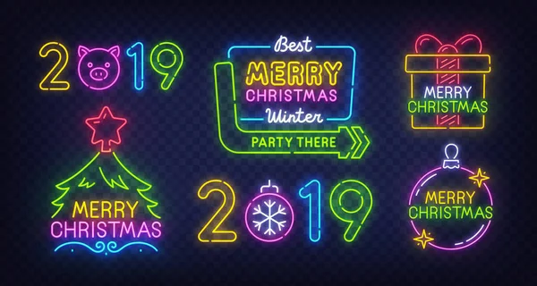 Set van geïsoleerde neon teken voor prettige kerstdagen en gelukkig Nieuwjaar. Neon logo's op transparante achtergrond. Vectorillustratie — Stockvector