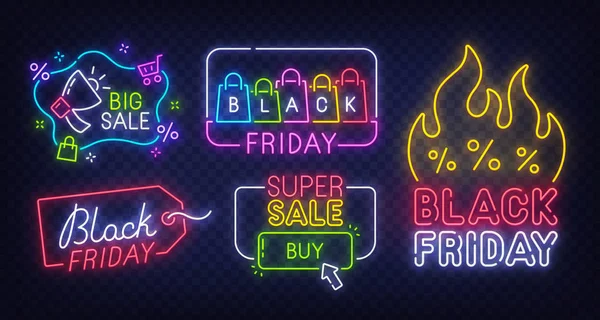 Black Friday label. Set of isolated neon sign for Black Friday. Neon logos on transparent background. Vector illustration — Stock Vector