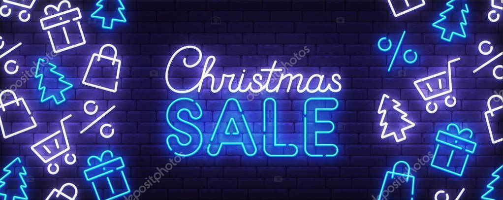 Merry Christmas and Happy New Year neon banner. Christmas sale web banner. Holiday set icon. Logo, emblem and label. Neon sign, bright signboard, light banner.
