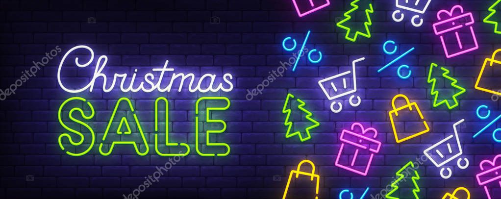 Christmas sale neon sign. Merry Christmas web banner. Happy New Year set icon. Logo, emblem and label. Neon sign, bright signboard, light banner.