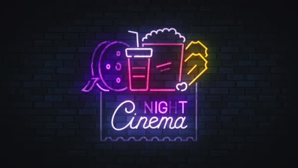 Cine Letrero Neón Cine Nocturno Letrero Brillante Película Ligera — Vídeo de stock