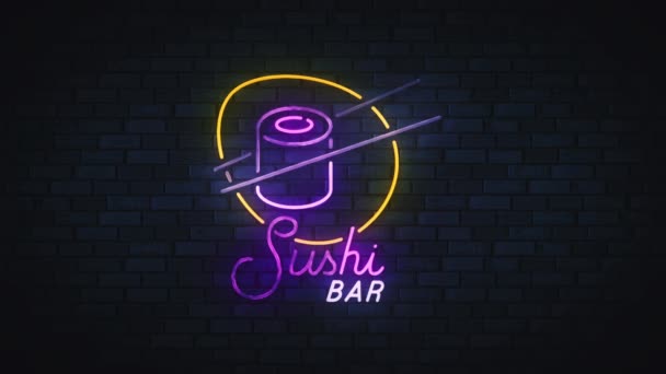 Sushi Bar Neonový Nápis Světlé Vývěsní Štít Lehký Film — Stock video