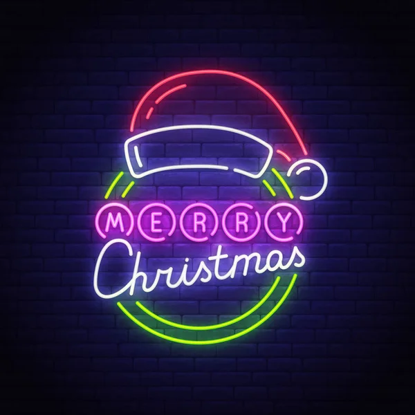 Vrolijk kerstbericht, helder uithangbord, lichtbanner. Santa hoed neon logo, embleem. Vrolijk kerstbord. Vectorillustratie — Stockvector