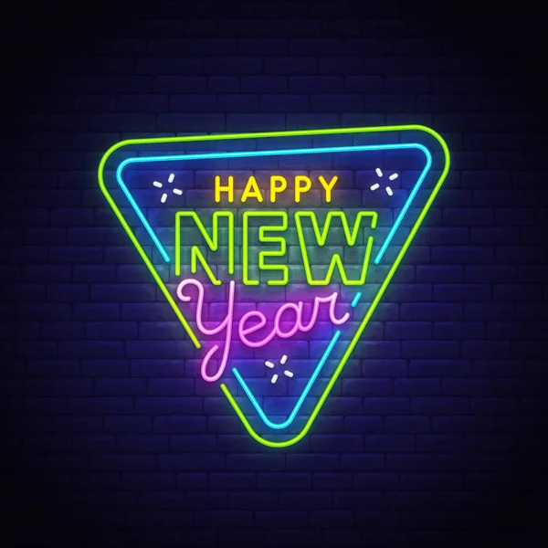 Happy New Year Neon Text Bright Signboard Light Banner Christmas — Stock Vector