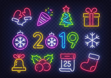 İzole edilmiş bir Noel seti. - Mutlu yıllar. Neon simgesini, etiketini, amblemini ayarla. Parlak tabela, hafif pankart. Vektör illüstrasyonu