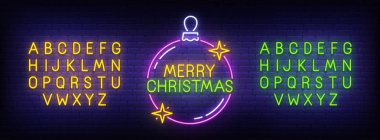 Neşeli Noel neon tabela, parlak tabela, afiş ışık. Noel ve mutlu yeni yıl logosu. Neon işareti yaratıcısı. Neon metin düzenleme. Vektör çizim