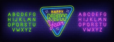 Mutlu yeni yıl neon tabela, parlak tabela, afiş ışık. Neşeli Noel logosunu görmeniz gerekir. Neon işareti yaratıcısı. Neon metin düzenleme. Tasarım şablonu. Vektör çizim.