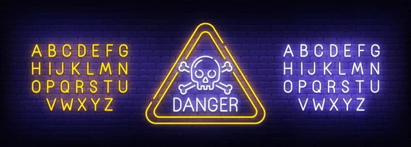 Danger enseigne au néon, enseigne lumineuse, bannière lumineuse. Logo du crâne. Néon signe créateur. Édition de texte au néon. Illustration vectorielle — Image vectorielle