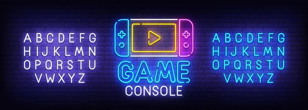 Game console neon sign, bright signboard, light banner. Game logo. Neon sign creator. Neon text edit. Design template. Vector illustration — Stock Vector