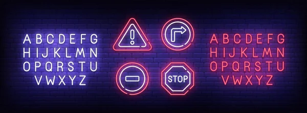 Neon znak drogowy, szyld jasne, lekkie transparent. Ostrzeżenie śpiewać. Neon znak Stwórcy. Edytuj tekst Neon. Szablon projektu. Ilustracja wektorowa — Wektor stockowy