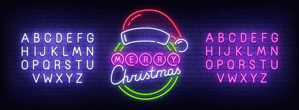 Merry Christmas neon znak, jasne szyld, światło transparent. Wesołych Świąt i szczęśliwego nowego roku logo. Neon znak Stwórcy. Edytuj tekst Neon. Szablon projektu. Ilustracja wektorowa — Wektor stockowy