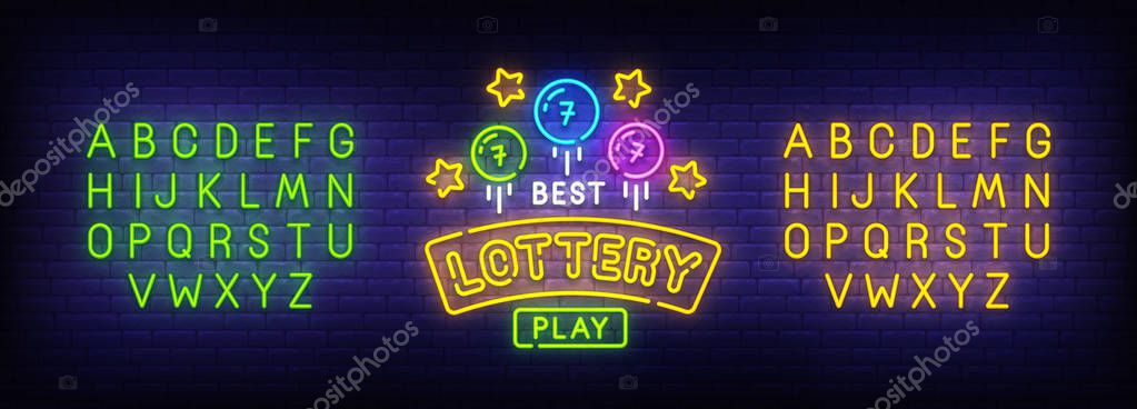 Lottery neon sign, bright signboard, light banner. Lotto logo. Neon sign creator. Neon text edit. Vector illustration.