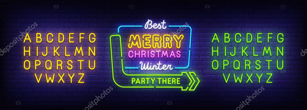 Merry Christmas neon sign, bright signboard, light banner. Christmas and Happy New Year logo. Neon sign creator. Neon text edit. Vector illustration.