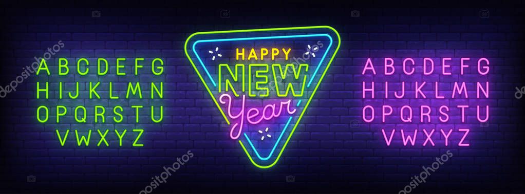 Happy New Year neon sign, bright signboard, light banner. Merry Christmas logo. Neon sign creator. Neon text edit. Design template. Vector illustration.