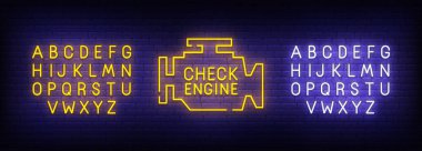 Check Engine neon sign, bright signboard, light banner. Car service logo. Neon sign creator. Neon text edit. Vector illustration clipart
