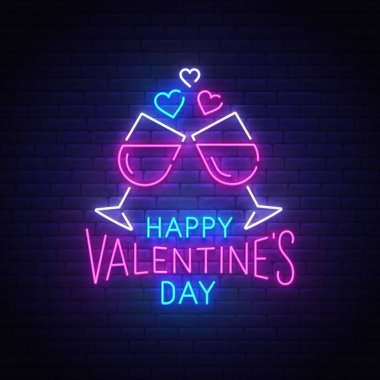 Sevgililer Günü neon metin, parlak tabela, ışık afiş. Mutlu Sevgililer Günü logosu neon, amblem. Vektör çizimi.
