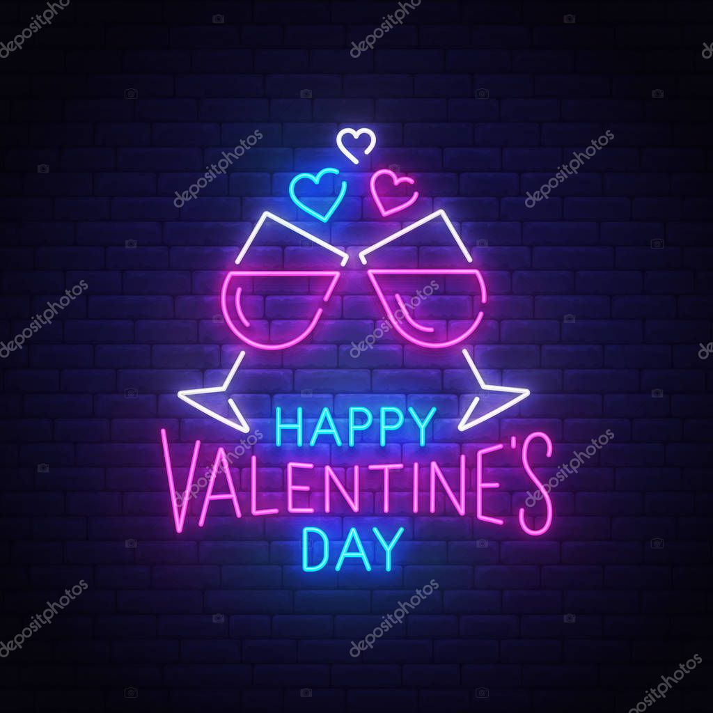 Valentines Day neon text, bright signboard, light banner. Happy Valentine's Day logo neon, emblem. Vector illustration.