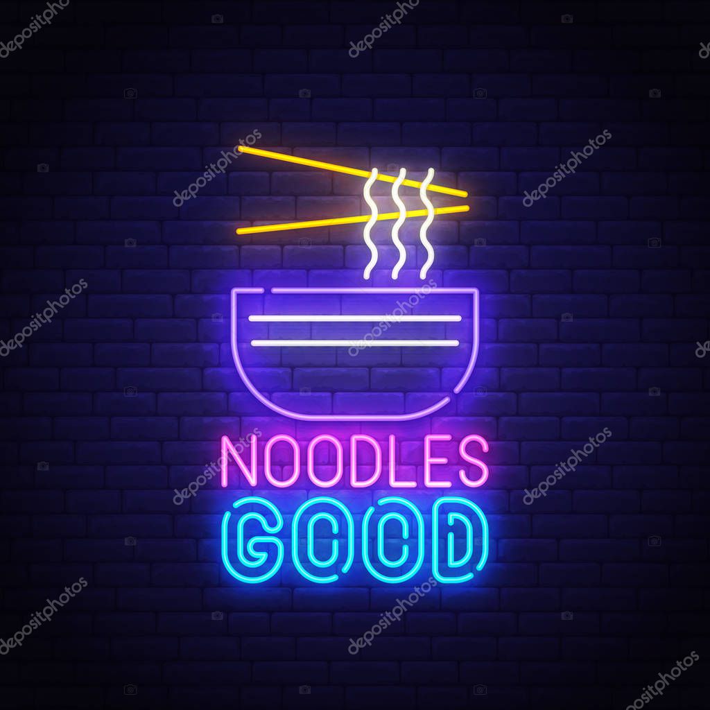 Noodles neon text, bright signboard, light banner. Noodles logo neon, emblem. Vector illustration.