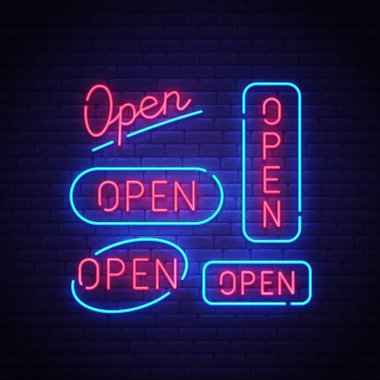 Açık neon tabela, parlak tabela, afiş ışık. Açık neon, amblem. Vektör çizim