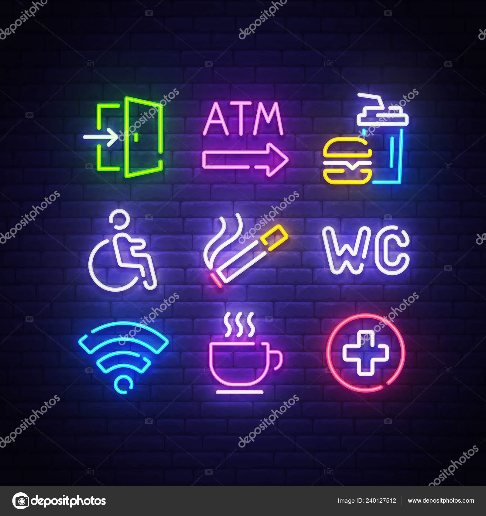 Neon sign. Icon set, bright signboard, light banner. Neon icon, emblem.  Enter, ATM, Food court, Disabled, Smoking area, Restroom, Wi-fi, Cafe,  Hospital sign and icon. Vector illustration Stock Vector by ©mar1koff  240127512