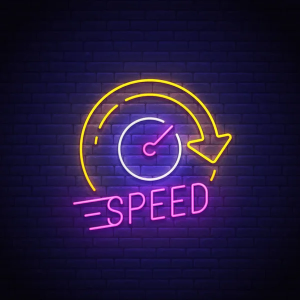 Speed neon sign, bright signboard, light banner. Speedometer logo neon, emblem. Vector illustration — Stock Vector