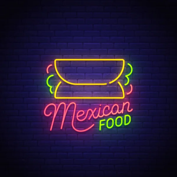 Неоновая вывеска мексиканской кухни, яркая вывеска, легкий баннер. Буррито, шаурма и донер. Мексиканская еда логотип неон, эмблема. Векторная иллюстрация — стоковый вектор