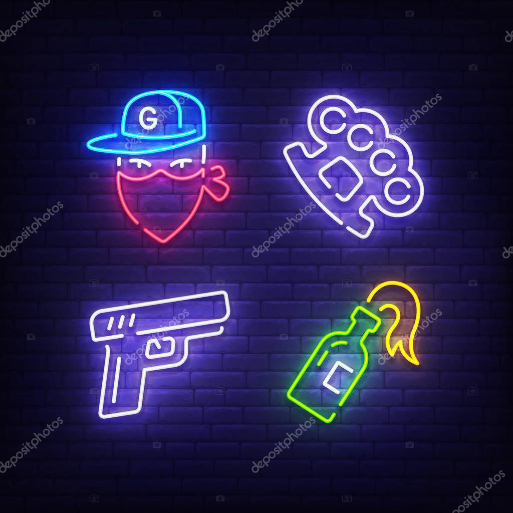 Gangster icon set, bright signboard, light banner. Gangster logo neon, emblem. Brass knuckles, Pistol and Molotov icon. Vector illustration.