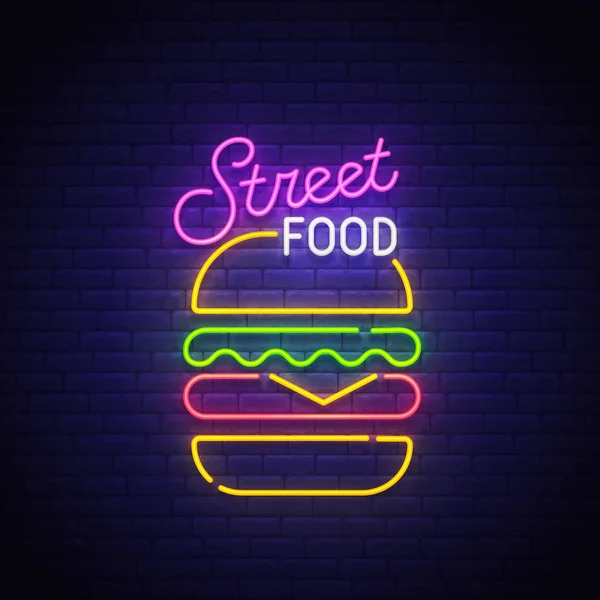 Sokak gıda neon tabela, parlak tabela, afiş ışık. Burger logo neon, amblem. Vektör çizim — Stok Vektör