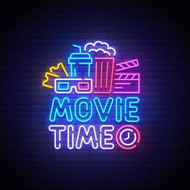 Sinema neon tabela, parlak tabela, afiş ışık. Film zaman logo neon, amblem. Vektör çizim