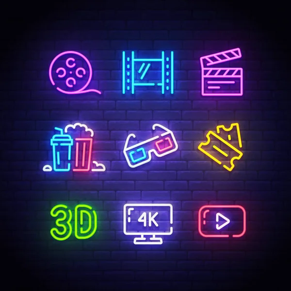 Ikony kina. Ikona z kina. Film neon znak. Film, Popcorn, okulary 3d, bilety, 4 k film i ikonę Play. Ilustracja wektorowa — Wektor stockowy