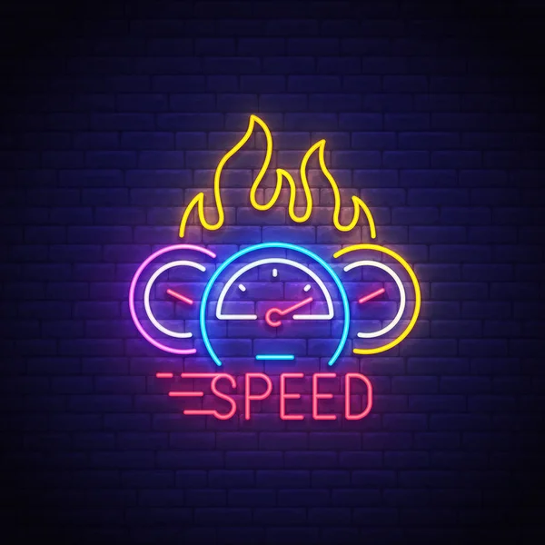 Tanda kecepatan neon, papan nama terang, spanduk cahaya. Logo Speedometer neon, lambang. Ilustrasi vektor - Stok Vektor