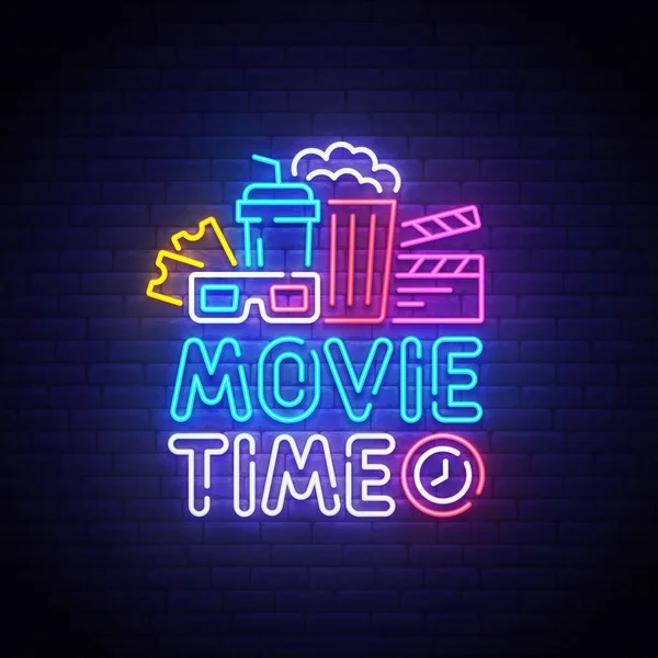 Cinema letrero de neón, letrero brillante, banner de luz. Logo de Movie Time neón, emblema. Ilustración vectorial — Vector de stock