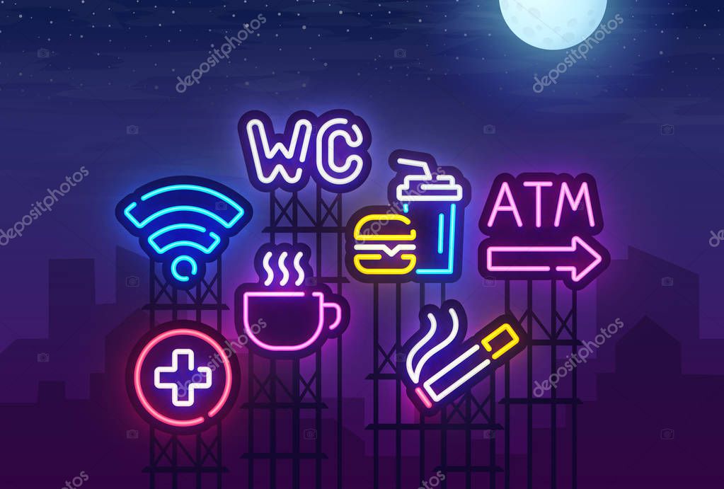 Night city. Sign neon. ATM, Food court, Disabled, Smoking area, Restroom, Wi-fi, Cafe, Hospital neon sign. Bright signboard, light banner. Vector illustration.