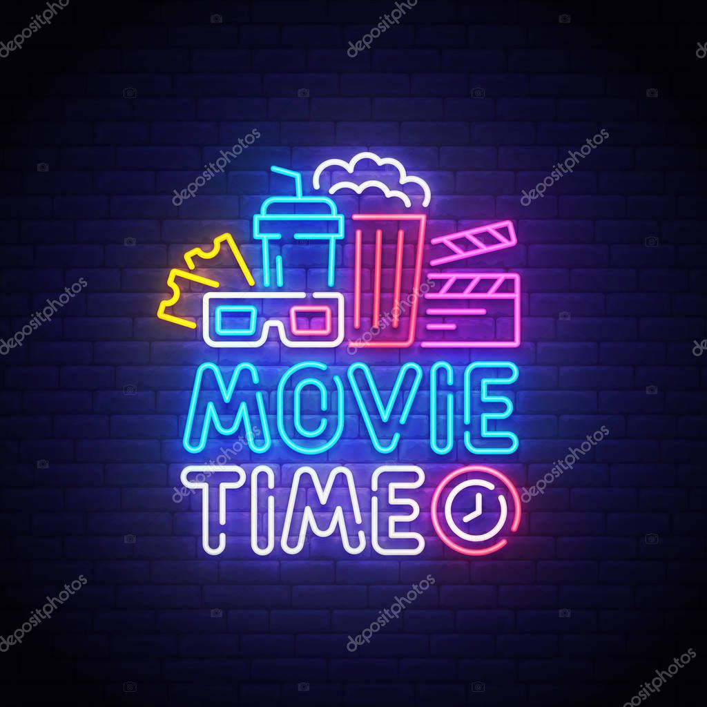 Cinema neon sign, bright signboard, light banner. Movie Time logo neon, emblem. Vector illustration.