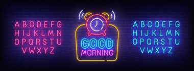 Günaydın neon tabela, parlak tabela, afiş ışık. İyi sabah logo. Neon işareti yaratıcısı. Neon metin düzenleme. Tasarım şablonu. Vektör çizim