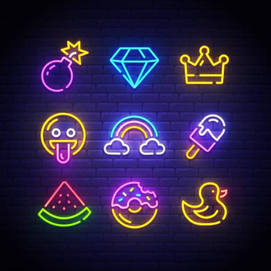 Pop art Icons set. Pop art neon tabela. Parlak tabela, ışık afiş. Neon izole simgesi, amblem. Bomba, elmas, taç, gülümseme, gökkuşağı, dondurma, karpuz, çörek ve lastik ördek vektör neon simgesi