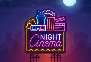 Gece şehir. Neon işareti. Sinema billboard. Parlak tabela, ışık afiş. Sinema logosunu görmeniz gerekir. Vektör çizim.