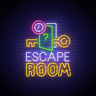 Kaçış Oda neon tabela, parlak tabela, ışık afiş. Quest Oda logo neon, amblem. Vektör çizim