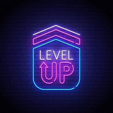 Oyun açılışı. Seviye işareti, parlak tabela, ışık panosu. Oyun logosu neon, amblem. Vektör illüstrasyonu