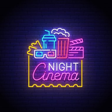 Sinema neon tabela, parlak tabela, afiş ışık. Gece sinema logo neon, amblem. Vektör çizim