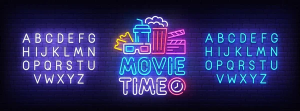 Film zaman neon tabela, parlak tabela, afiş ışık. Sinema logo, amblem ve etiket. Neon işareti yaratıcısı. Neon metin Düzenle — Stok Vektör