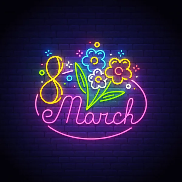Sinal de néon do Dia das Mulheres, sinalização brilhante, banner de luz. 8 Março de logotipo néon, emblema. Ilustração vetorial —  Vetores de Stock
