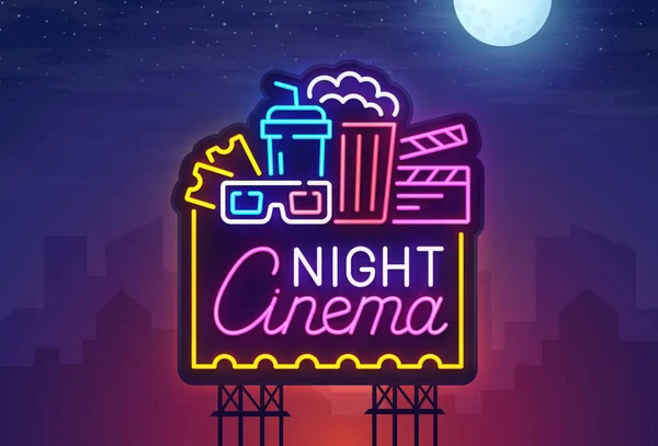 Noc miasto. Neon znak. Billboard kino. Szyld jasne, lekkie transparent. Logo kino. Ilustracja wektorowa. — Wektor stockowy